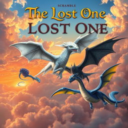 A breathtaking fantasy book cover that features a dynamic sky filled with majestic dragons flying toward a vibrant sunset on the horizon