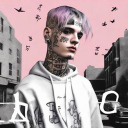 A respectful and artistic portrayal of the late musician Lil Peep, captured in his signature style against an urban backdrop.