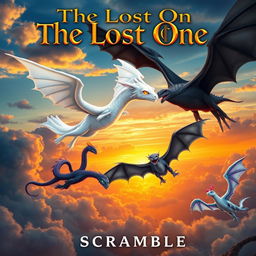 A breathtaking fantasy book cover that features a dynamic sky filled with majestic dragons flying toward a vibrant sunset on the horizon