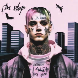 A respectful and artistic portrayal of the late musician Lil Peep, captured in his signature style against an urban backdrop.