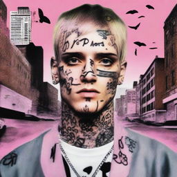 A respectful and artistic portrayal of the late musician Lil Peep, captured in his signature style against an urban backdrop.