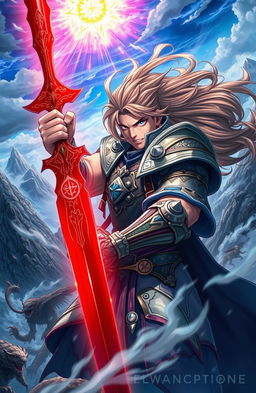 A fantasy-themed anime illustration featuring a fierce and determined man wielding a vibrant red sword