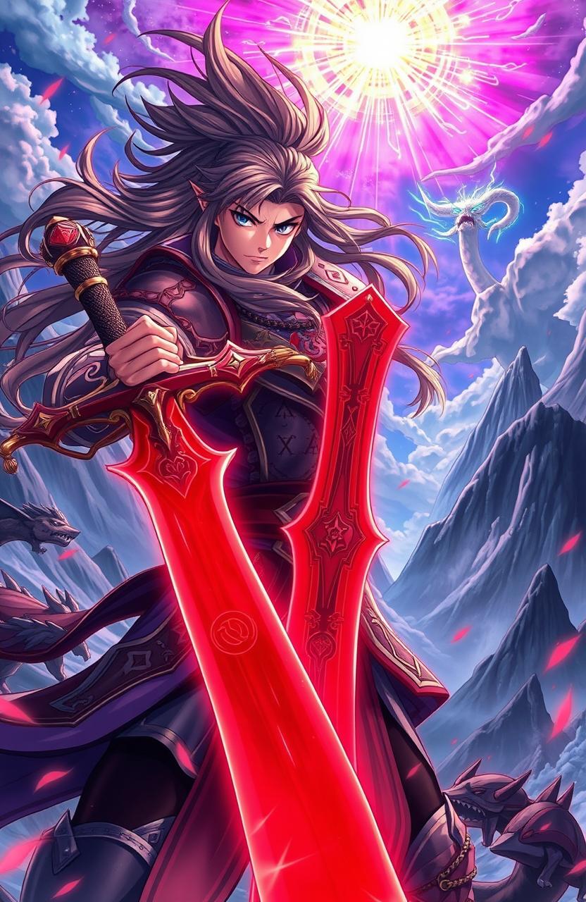 A fantasy-themed anime illustration featuring a fierce and determined man wielding a vibrant red sword