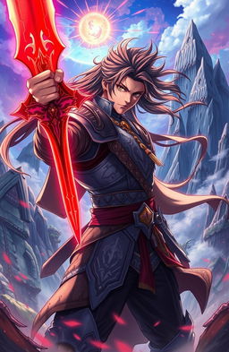A fantasy-themed anime illustration featuring a fierce and determined man wielding a vibrant red sword