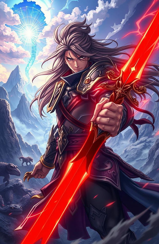 A fantasy-themed anime illustration featuring a fierce and determined man wielding a vibrant red sword