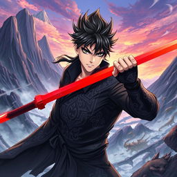 A fantasy-themed anime illustration featuring a fierce and determined man with black hair and striking black eyeshadow, wielding a vibrant red sword in his right hand