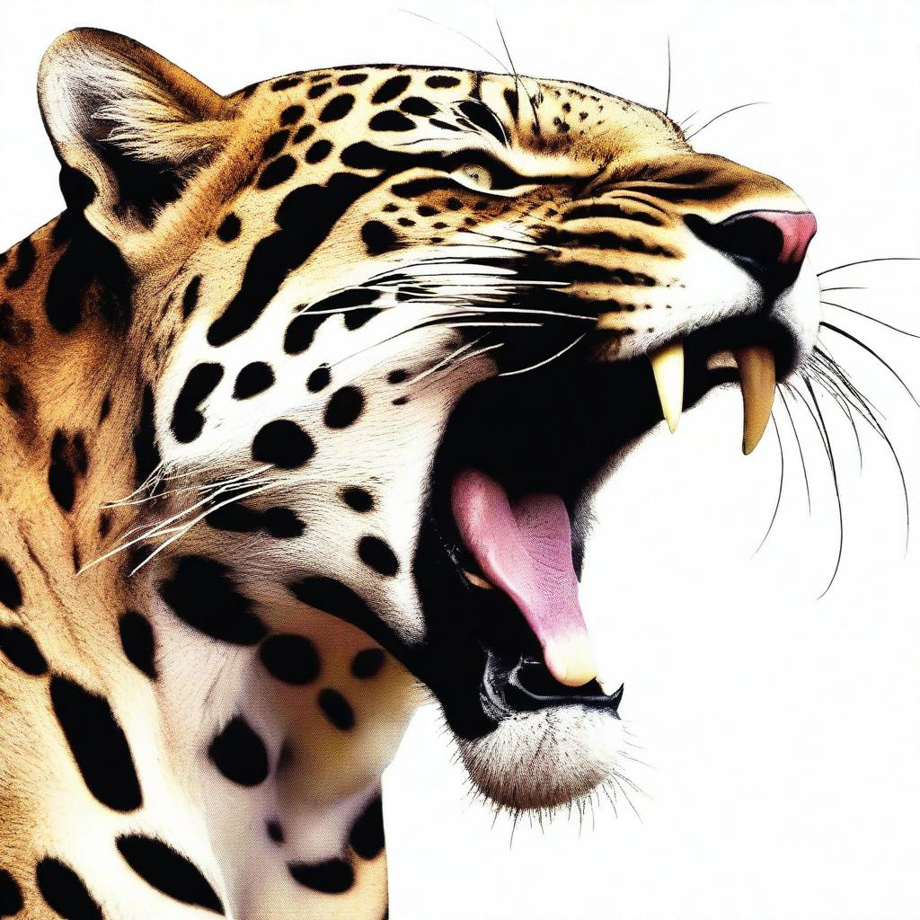 A detailed side-profile image of a roaring jaguar, prominently displaying its fangs.