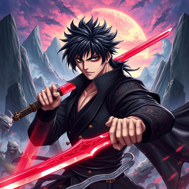 A fantasy-themed anime illustration featuring a fierce and determined man with black hair and striking black eyeshadow, wielding a vibrant red sword in his right hand