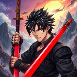 A fantasy-themed anime illustration featuring a fierce and determined man with black hair and striking black eyeshadow, wielding a vibrant red sword in his right hand