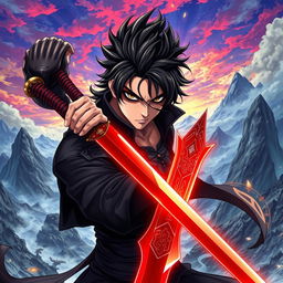 A fantasy-themed anime illustration featuring a fierce and determined man with black hair and striking black eyeshadow, wielding a vibrant red sword in his right hand