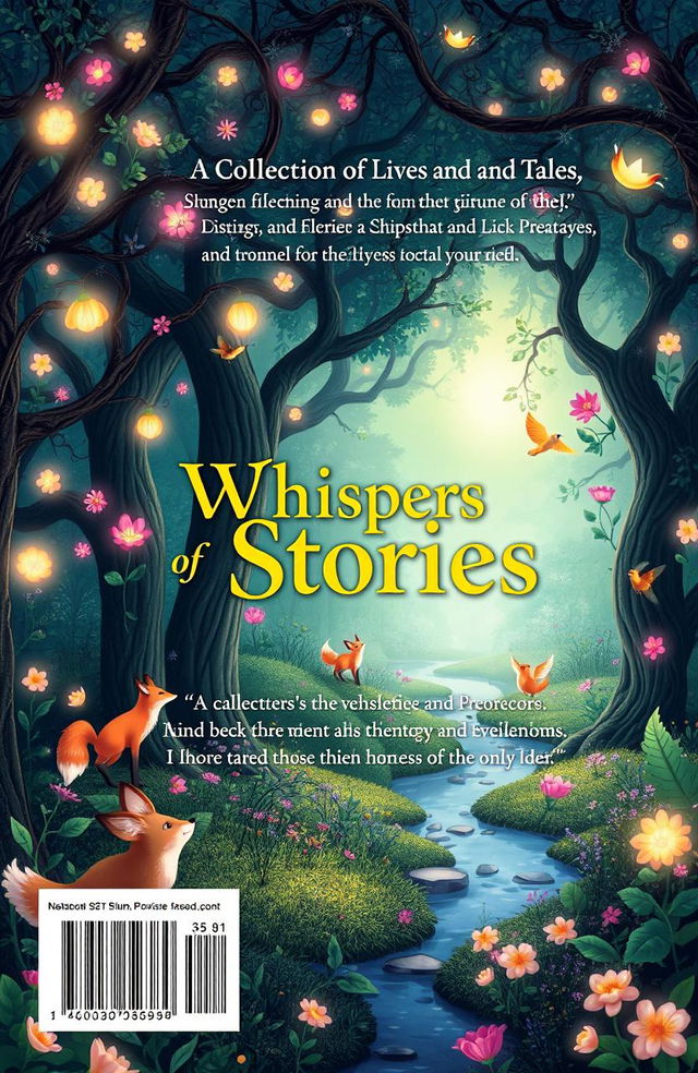 The back cover of a book titled 'Whispers of Stories: A Collection of Lives and Tales', featuring an enchanting, animation-inspired forest scene