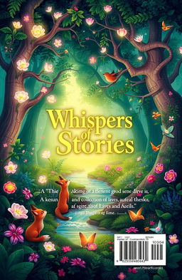 The back cover of a book titled 'Whispers of Stories: A Collection of Lives and Tales', featuring an enchanting, animation-inspired forest scene