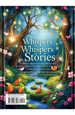 The back cover of a book titled 'Whispers of Stories: A Collection of Lives and Tales', featuring an enchanting, animation-inspired forest scene