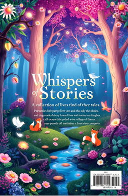 The back cover of a book titled 'Whispers of Stories: A Collection of Lives and Tales', featuring an enchanting, animation-inspired forest scene