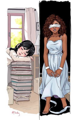 A professional sketch with fine trace illustrating a contrasting scene for a book cover titled '#FindLucy' by Barbie Furtado
