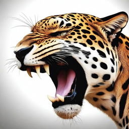 A detailed side-profile image of a roaring jaguar, prominently displaying its fangs.