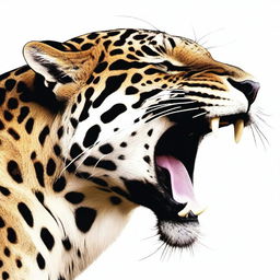 A detailed side-profile image of a roaring jaguar, prominently displaying its fangs.