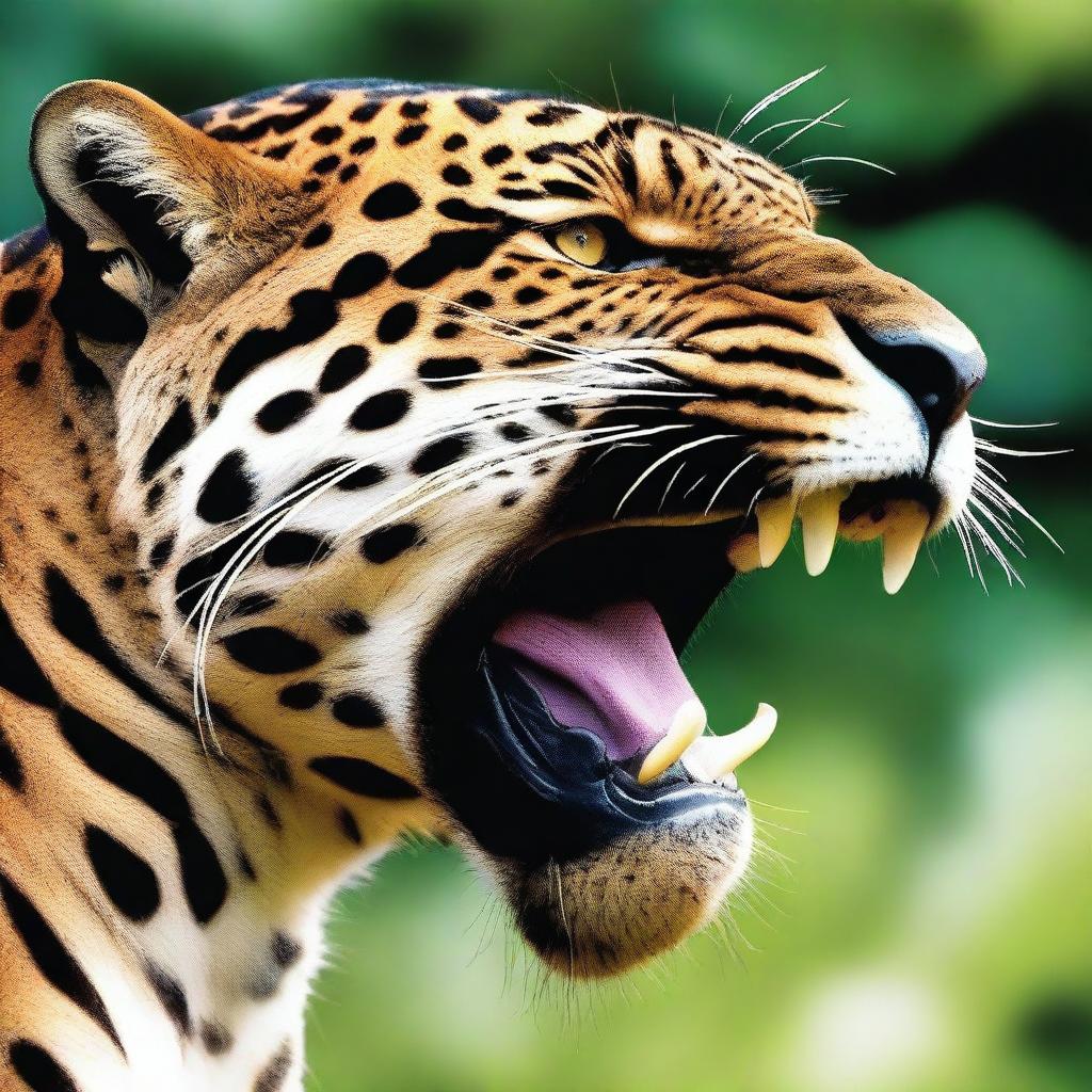 A detailed side-profile image of a roaring jaguar, prominently displaying its fangs.