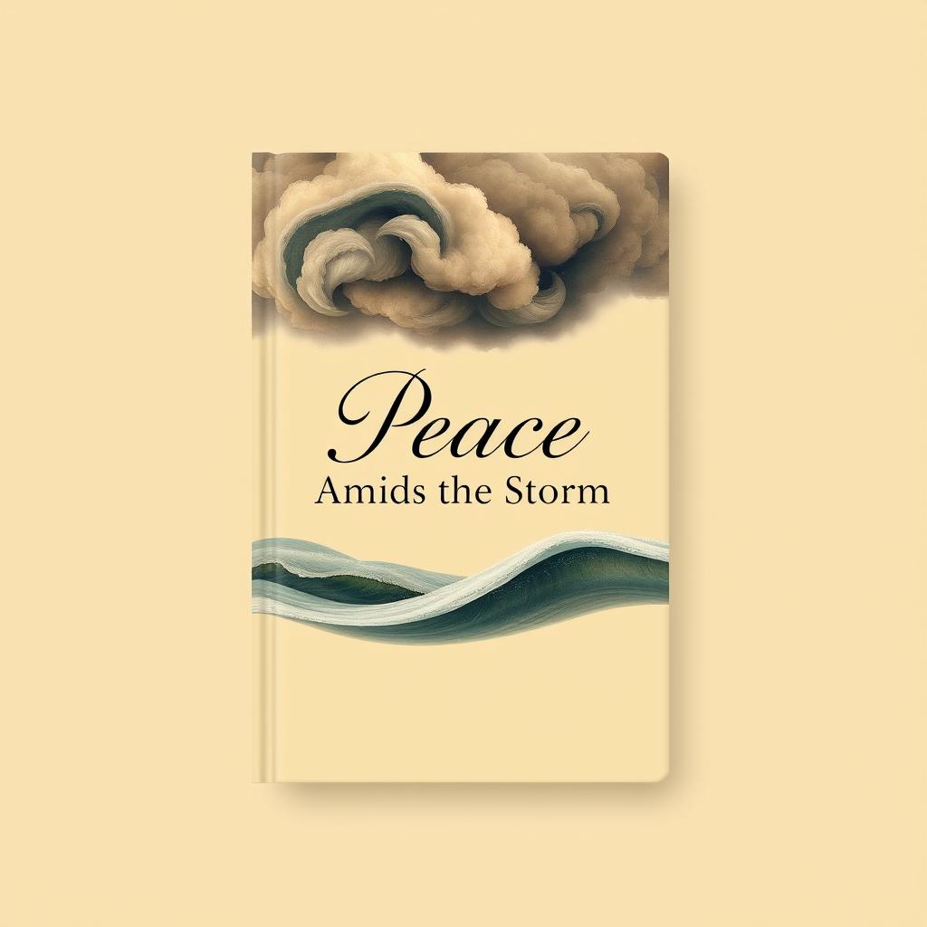 A captivating book cover design featuring a rich beige background that artistically represents both storm and peace, blending swirling clouds with gentle waves to symbolize the contrast between turmoil and tranquility