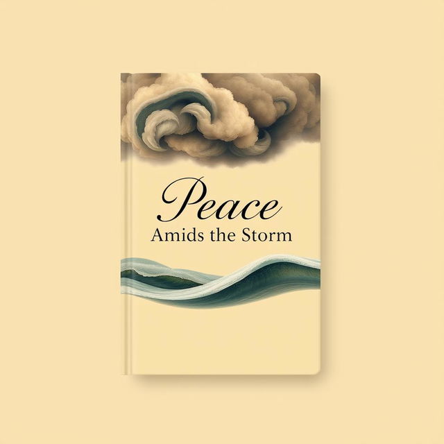 A captivating book cover design featuring a rich beige background that artistically represents both storm and peace, blending swirling clouds with gentle waves to symbolize the contrast between turmoil and tranquility