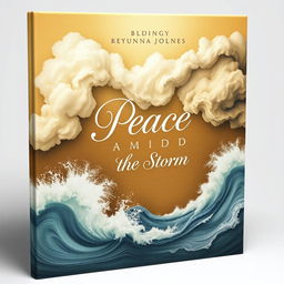 A captivating book cover design featuring a rich beige background that artistically represents both storm and peace, blending swirling clouds with gentle waves to symbolize the contrast between turmoil and tranquility