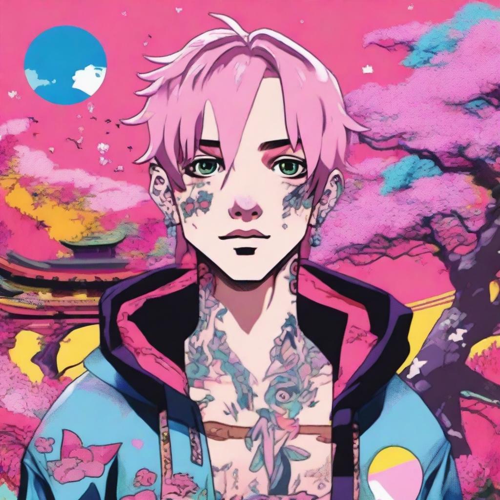 An anime version of the late musician Lil Peep, embodying his distinctive style against a vibrant, Japanese animation inspired backdrop