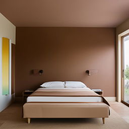 A large, king-sized bed with a chocolate brown headboard rests against a wall, surrounded by light brown painted walls on either side. On both sides of the bed, there is ample space. Facing the bed, a spacious area reveals cupboards, and sliding windows let in natural light.