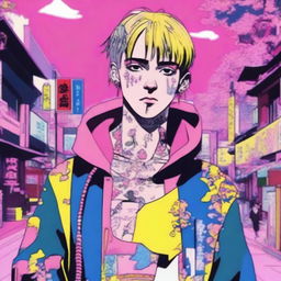 An anime version of the late musician Lil Peep, embodying his distinctive style against a vibrant, Japanese animation inspired backdrop