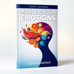 A book cover for 'Master Your Emotions' by Great Learner, showcasing a striking visual of a human silhouette filled with colorful, swirling patterns representing various emotions like joy, sadness, anger, and tranquility