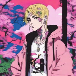 An anime version of the late musician Lil Peep, embodying his distinctive style against a vibrant, Japanese animation inspired backdrop