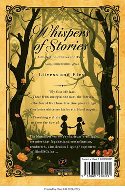 Design a vintage-style front and back cover for a book titled "Whispers of Stories: A Collection of Lives and Tales"