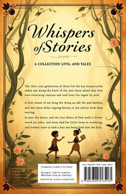 Design a vintage-style front and back cover for a book titled "Whispers of Stories: A Collection of Lives and Tales"