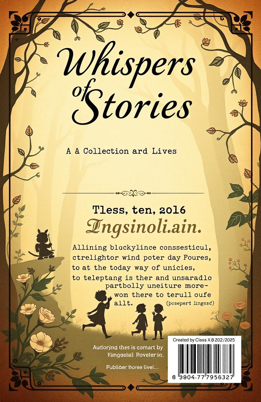 Design a vintage-style front and back cover for a book titled "Whispers of Stories: A Collection of Lives and Tales"