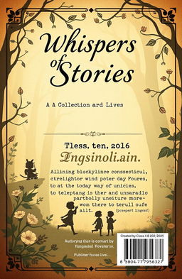 Design a vintage-style front and back cover for a book titled "Whispers of Stories: A Collection of Lives and Tales"