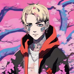 An anime version of the late musician Lil Peep, embodying his distinctive style against a vibrant, Japanese animation inspired backdrop