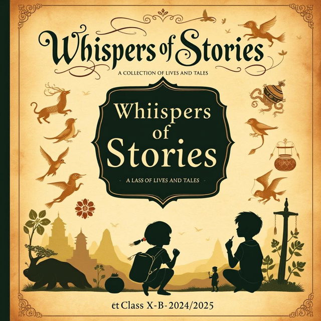 A vintage-themed book cover for 'Whispers of Stories: A Collection of Lives and Tales' by Class X-B 2024/2025