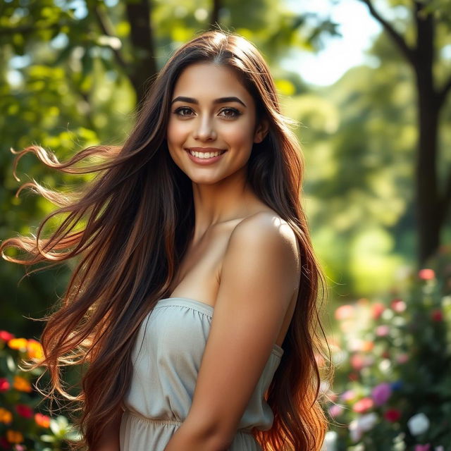 A beautiful young woman with flowing long hair, standing in a serene natural setting