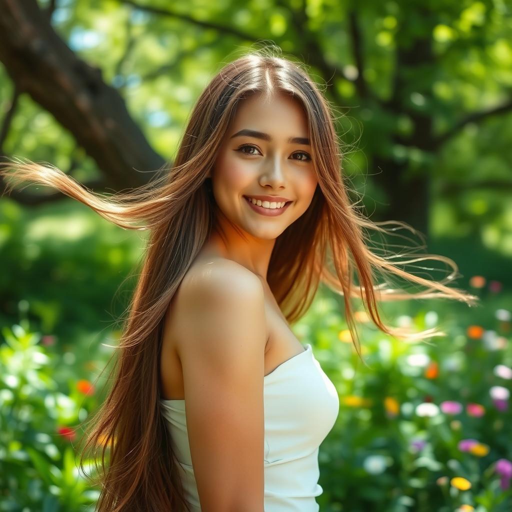 A beautiful young woman with flowing long hair, standing in a serene natural setting