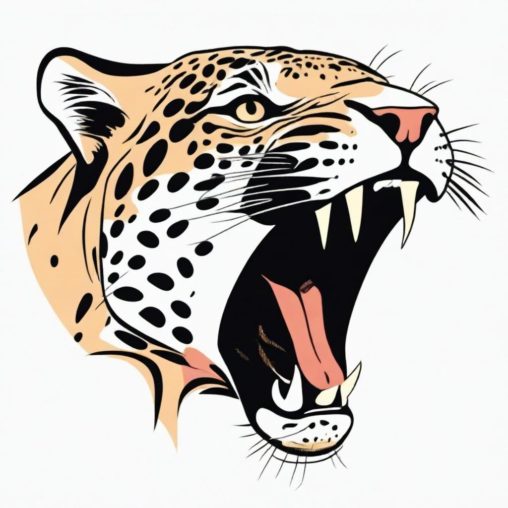 An illustration of a roaring jaguar in profile, prominently showcasing its sharp teeth.