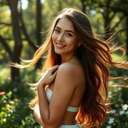 A beautiful young woman with flowing long hair, standing in a serene natural setting