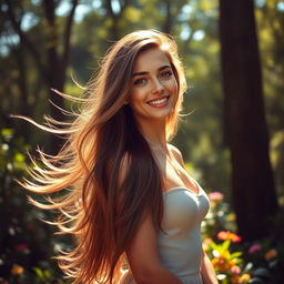 A beautiful young woman with flowing long hair, standing in a serene natural setting