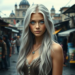 A breathtaking portrait of a young woman named Paedyn, captivatingly beautiful with long silver hair cascading nearly to her waist