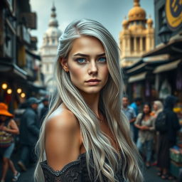 A breathtaking portrait of a young woman named Paedyn, captivatingly beautiful with long silver hair cascading nearly to her waist