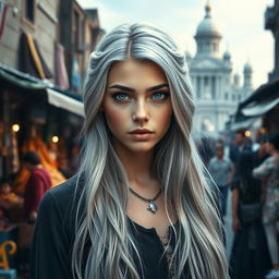 A breathtaking portrait of a young woman named Paedyn, captivatingly beautiful with long silver hair cascading nearly to her waist