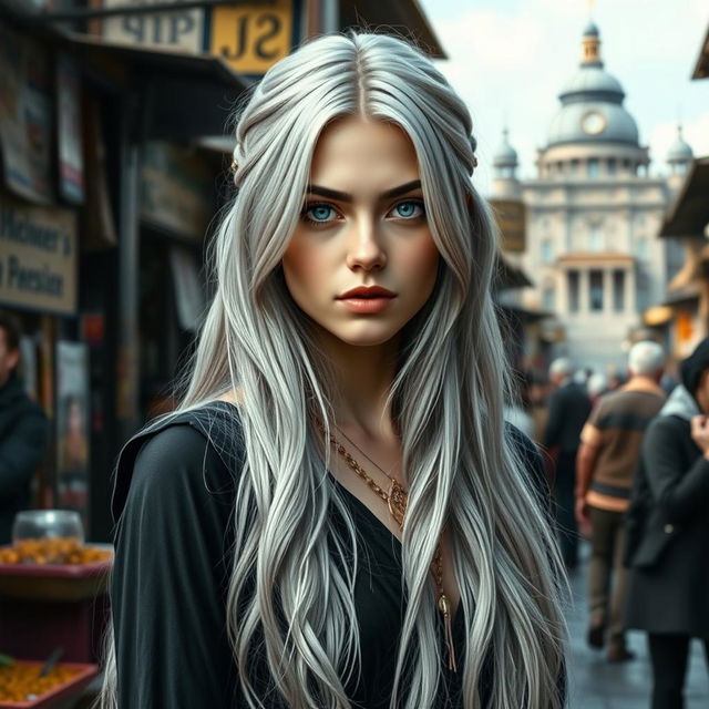 A breathtaking portrait of a young woman named Paedyn, captivatingly beautiful with long silver hair cascading nearly to her waist