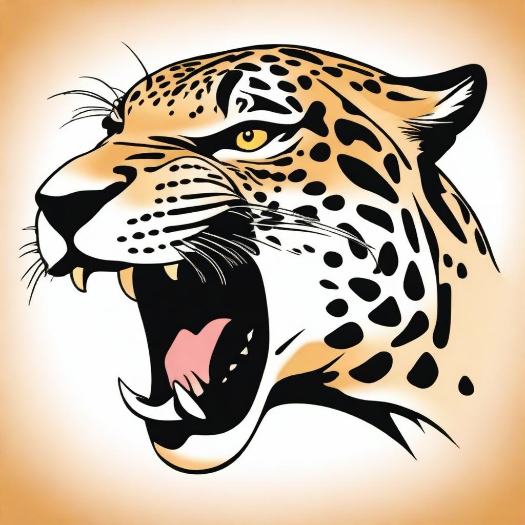 An illustration of a roaring jaguar in profile, prominently showcasing its sharp teeth.