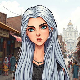 A beautiful young woman named Paedyn is centered in the image, showcasing her mass of long silver hair cascading nearly to her waist