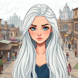 A beautiful young woman named Paedyn is centered in the image, showcasing her mass of long silver hair cascading nearly to her waist