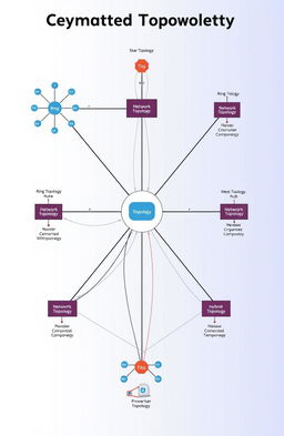 A detailed diagram of a computer network topology showcasing various types of network topologies including star, ring, bus, mesh, and hybrid layouts