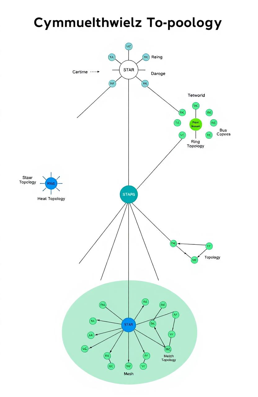 A detailed diagram of a computer network topology showcasing various types of network topologies including star, ring, bus, mesh, and hybrid layouts